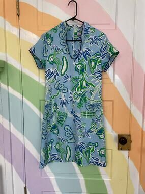 CK Bradley Floral Shift Dress Large Blue Green Cotton Stretch Resort Mini